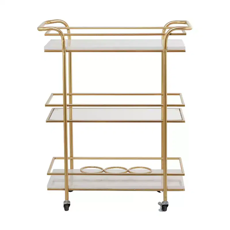 Glam Marble and Gold 3-Tier Rolling Bar Cart with Glass Shelves and Caster Wheels