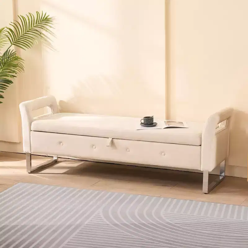TUYOHW Modern Storage Bench with Velvet Upholstered End of Bed Bench with Armrests & Silver Leg Vanity Stool for Living Room, Bedroom, Entryway