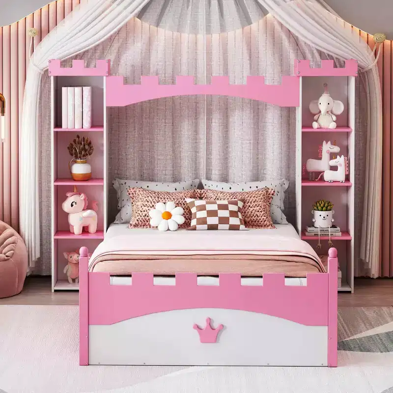 Castle Wooden Bed with Storage Shelf Dreamy Twin Size Platform Bed for Kids White Pink