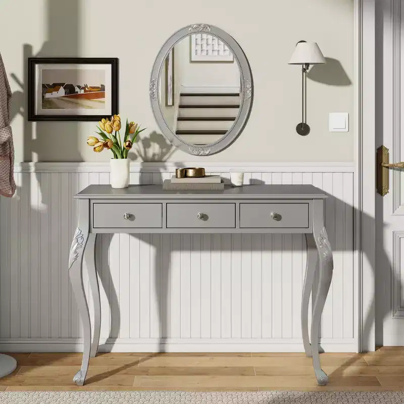 Vintage Makeup Vanity Desk with Oval Mirror, 3 Drawers for Bedroom or Entryway, Gold Finish, Space-Saving Design