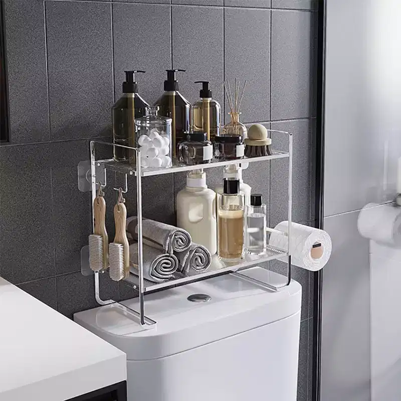 2-Tier Bathroom Shelf Organiser, Space Saving Multi-Purpose Metal Organiser Rack Over The Toilet Storage Rack with 2 Hooks