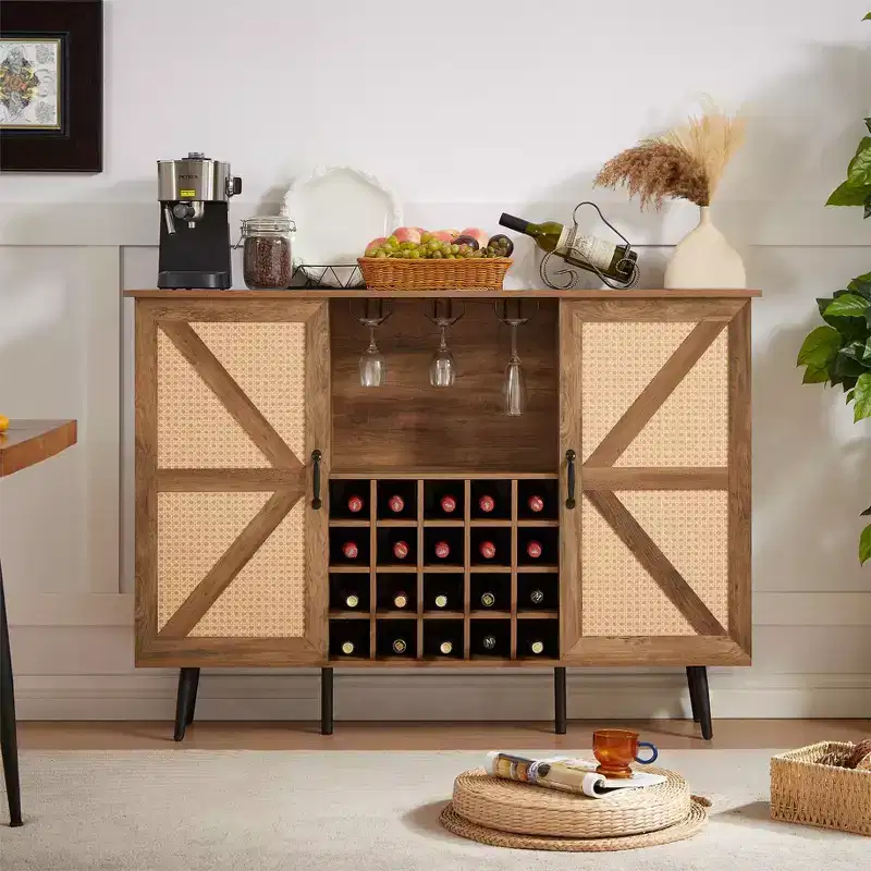 38.2H Rustic Wood Faux Rattan Storage Cabinet with Square Compartments, Racks, 2 Doors and Removable Shelves, 4Q -ModernLuxe