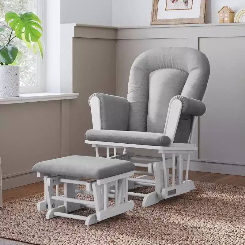 Child Craft Tranquil Glider Rocker with Ottoman, Padded Cushion with Storage Pockets, Solid Wood Base & Frame (Matte White Frame, Light Gray Cushion)
