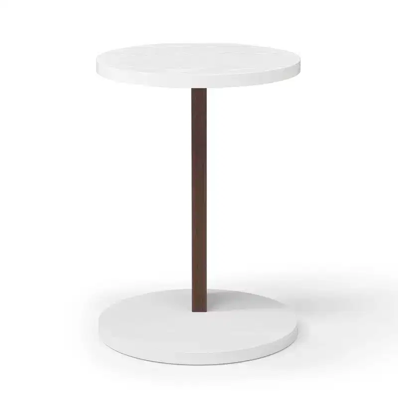 C-Shaped End Table with Round Tabletop, White & Walnut MDF, Sofa Side Table