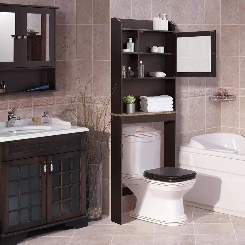 Over-the-Toilet Storage Cabinet with Adjustable Shelves – Brown / Wood Finish, MDF, Bead Board Back Panel