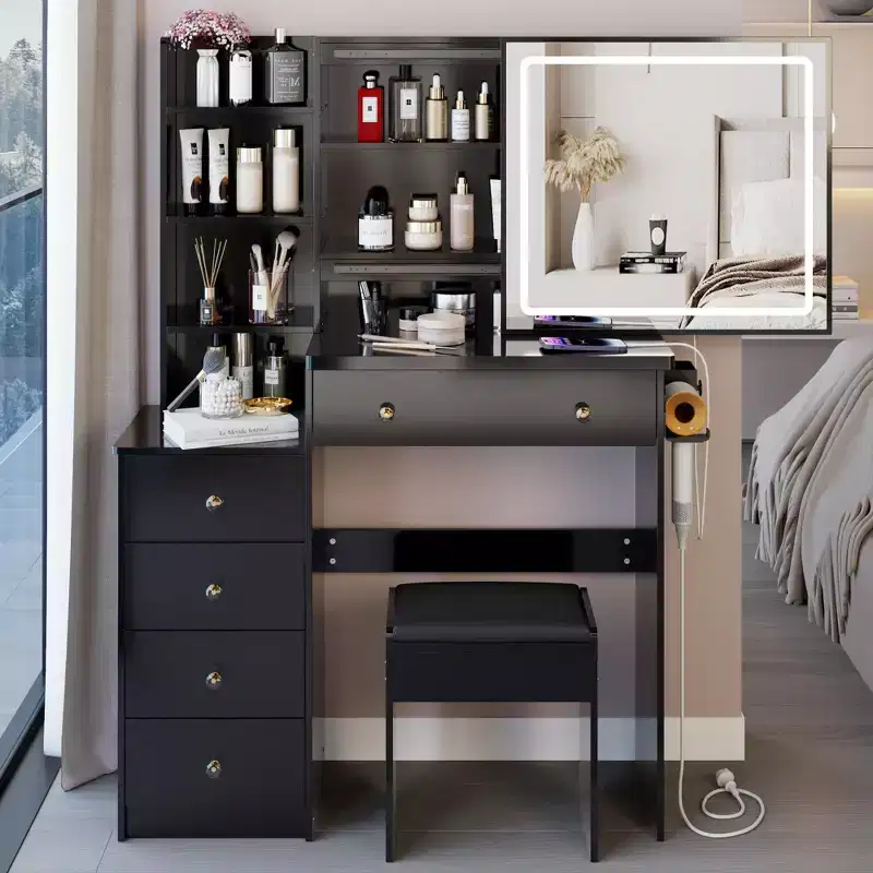 Okak 37IN Large Vanity Table with Cushioned Stool and Hair Dryer Stand, Makeup Vanity with Power Station and 3-Color Switch, Vanity Desk