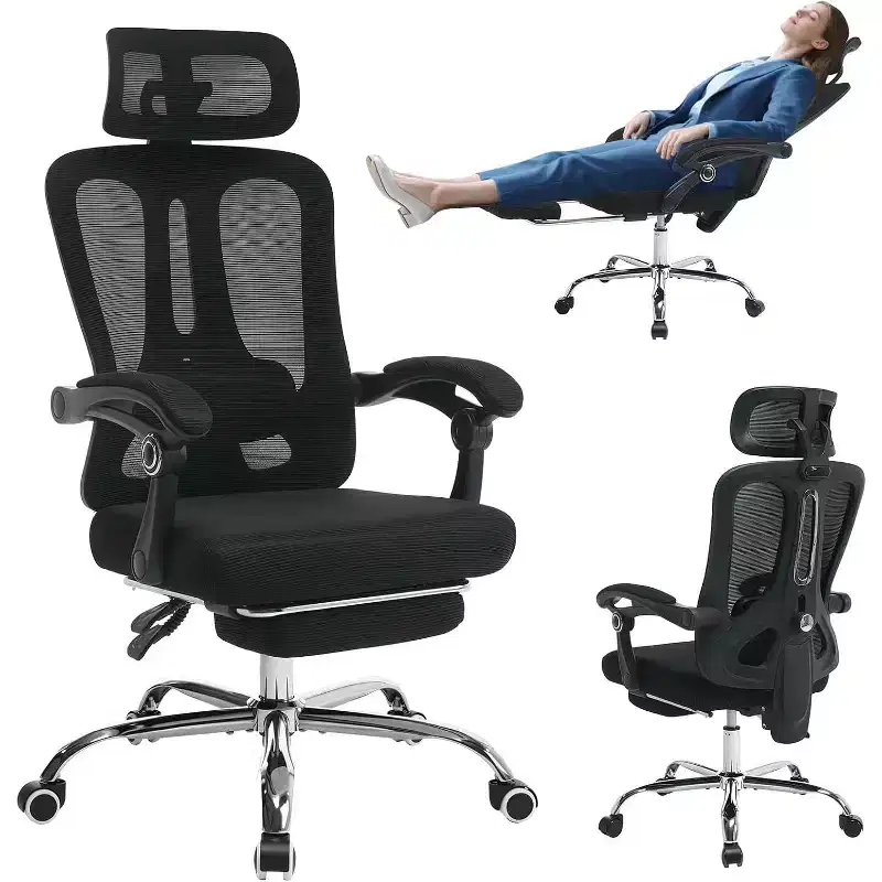 Ergonomic Mesh Office Chair with Adjustable Headrest & Lumbar Support, Retractable Footrest, Swivel Desk Chair with Wheels, Black