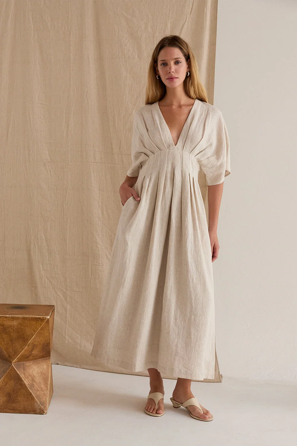 Pleated Linen V-Neck Midi Dress with Dolman Sleeves