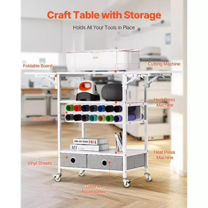 Rolling Craft Cart & Storage Table, Compatible, Foldable Sides, 14 Vinyl Roll Holders & 2 Drawers