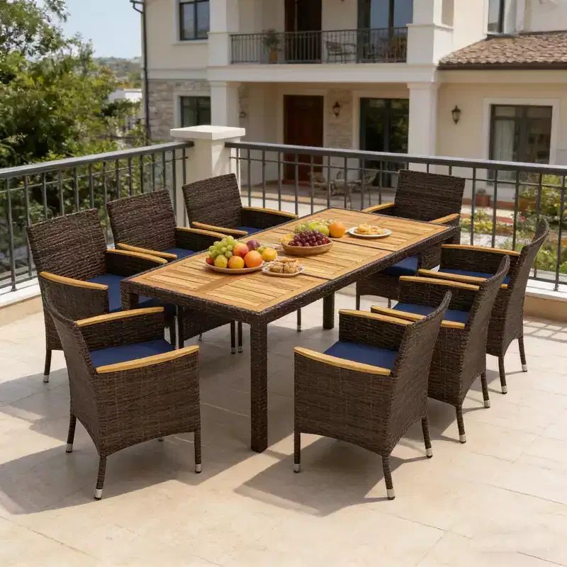 Gymax 9PC Outdoor Dining Set with Acacia Wood Tabletop and PE Rattan Chairs for 8 Includes Umbrella Hole for Patio Garden Deck