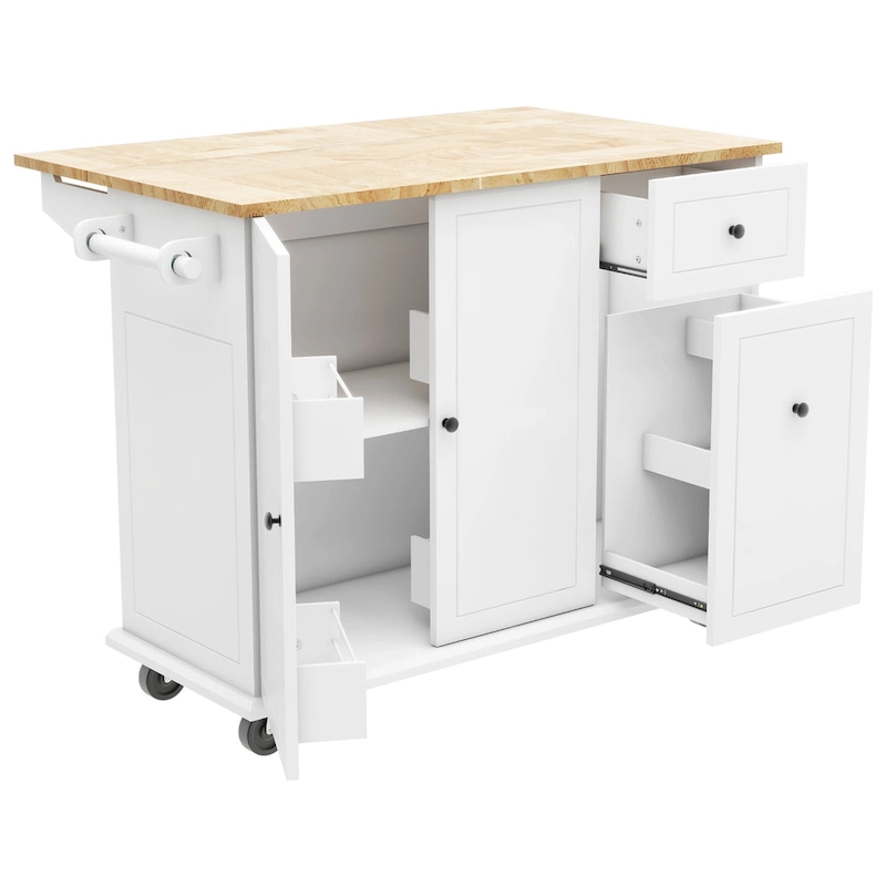 53.9 Width Rolling Kitchen Island with Drop Leaf and 3 Tier Pull Out Cabinet