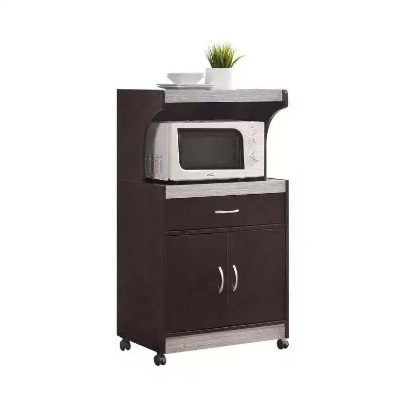 Wheeled Kitchen Island Microwave Cart with Pull-Out Drawer and Cabinet Storage, Chocolate Grey