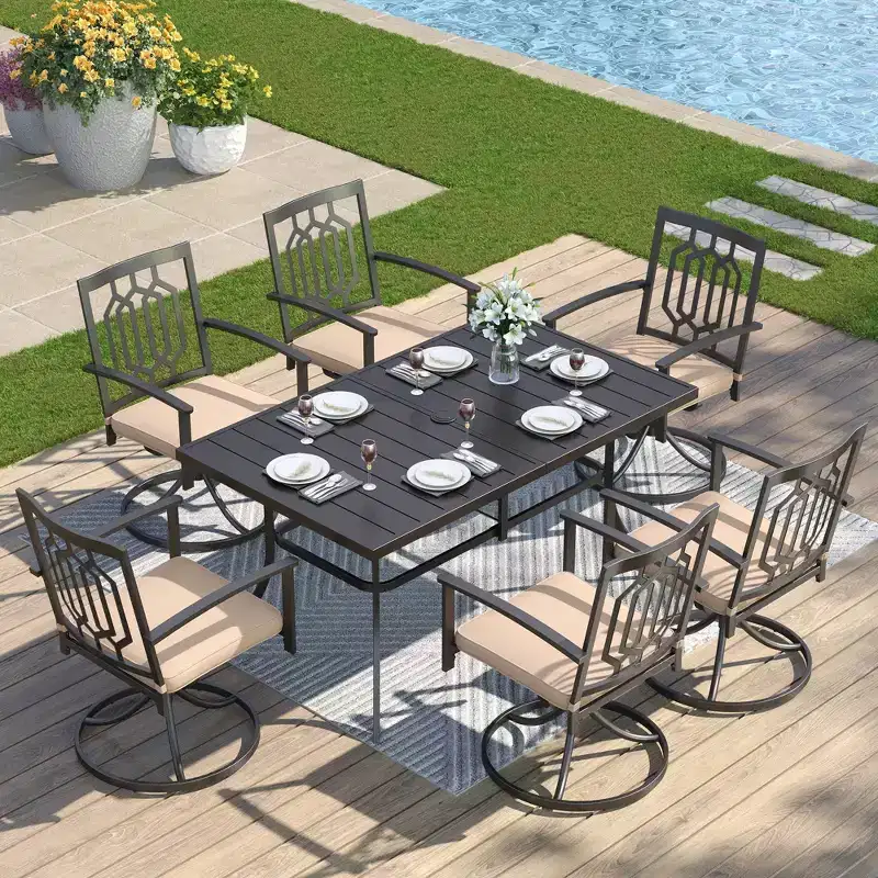 7pc Patio Dining Set with Rectangle Table with 1.57" Umbrella Hole & 360 Swivel Sling Arm Chairs with Patterned Back - Captiva Designs