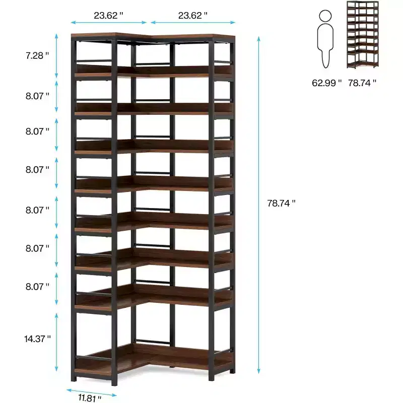Lantine 9-Tier Corner Shoe Rack, Tall Vertical Free Standing Organizer for Entryway, Hallway, Closet, Rustic Brown, Space Saving