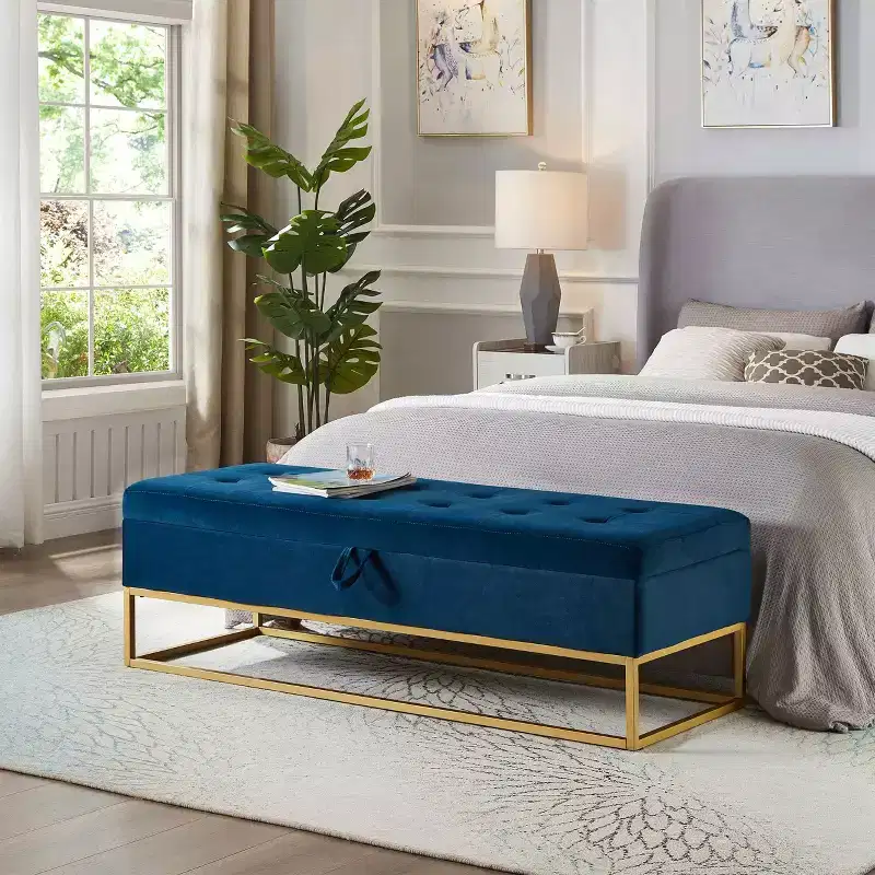 58.6 Storage Bed Bench, Upholstered Bench with Metal Base for Bedroom Living Room Hallway Blue