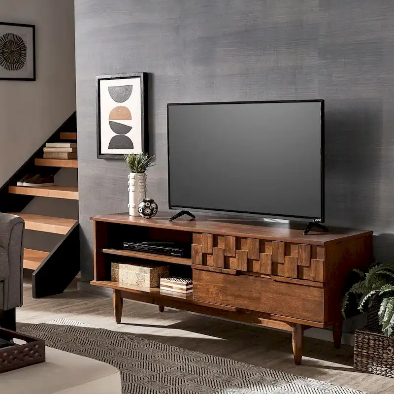 Medieval-style wooden double-drawer TV stand - 59 inches