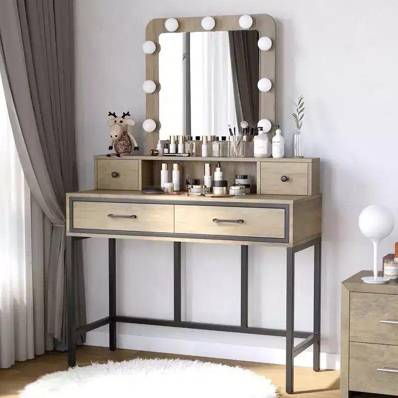 RoyalCraft Vanity Desk for Makeup with Mirror, Dimmable Lights & 2 Pull-Out Storage Drawers and 2 Spacious Drawers, Large Dressing Table, Brown