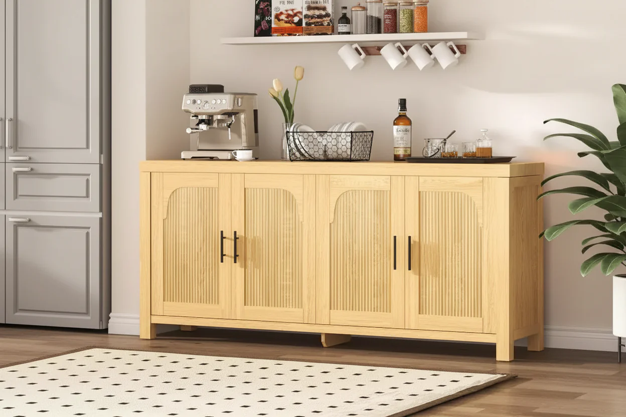 71-inch sideboard, four-door design, with recessed trim and adjustable shelves.