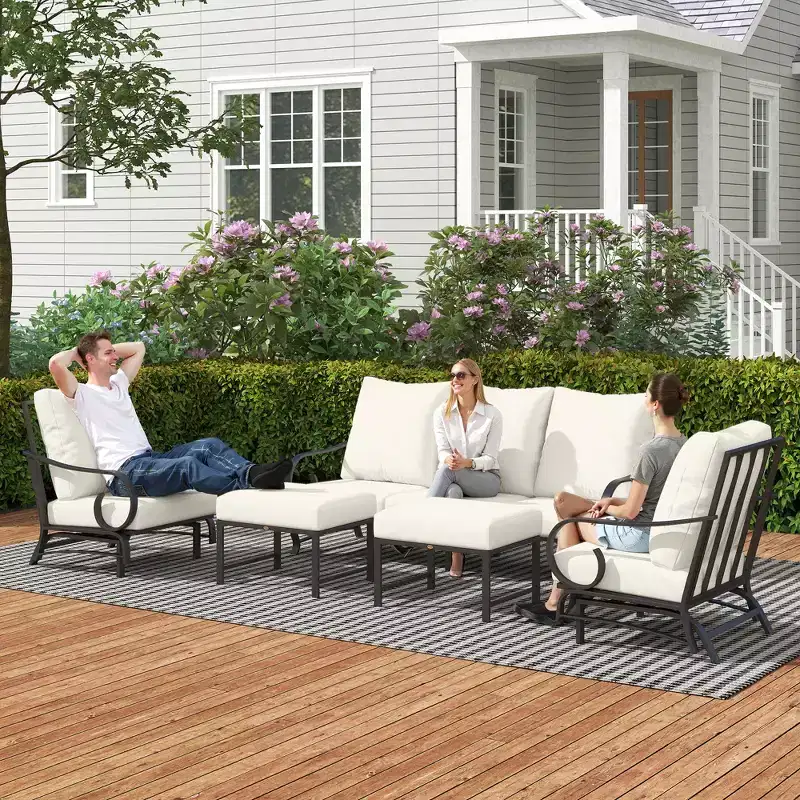 Outsunny 5 Piece Patio Furniture Set with 2 Rocking Chairs, 3-Seat Sofa, and 2 Ottomans for Garden, Lawn, Deck, Backyard, Beige