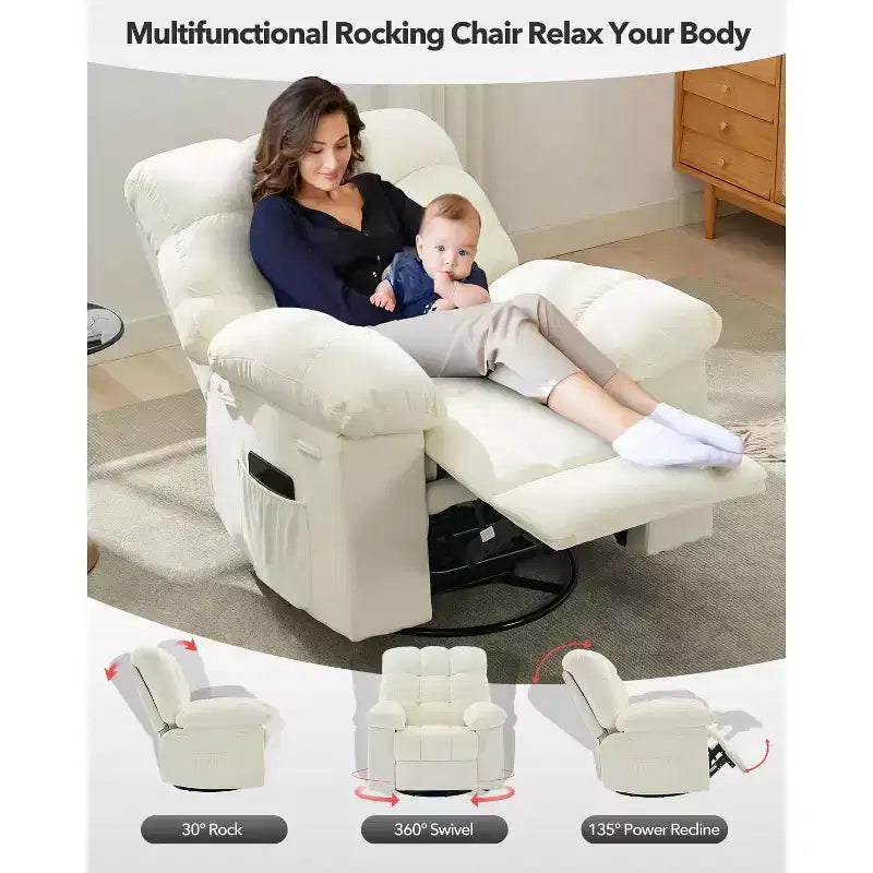 Rocking Recliner Chair, 360 Swivel Rocker, Lazy Boy Recliner Single Sofa, Extra Wide Manual Recliners, Chenille Upholstery Overstuffed Soft