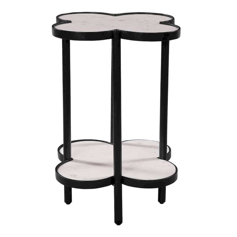 Chloe Side End Table, White Genuine Marble Clover Shape Top With Black Iron Frame