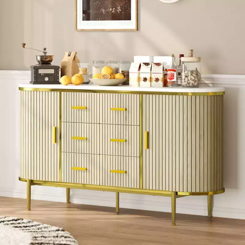 59in Farmhouse Fluted Sideboard Buffet Cabinet, Media TV Console Table with 6 Drawers & 2 Sliding Doors, Versatile Storage Cabinet for Living Room
