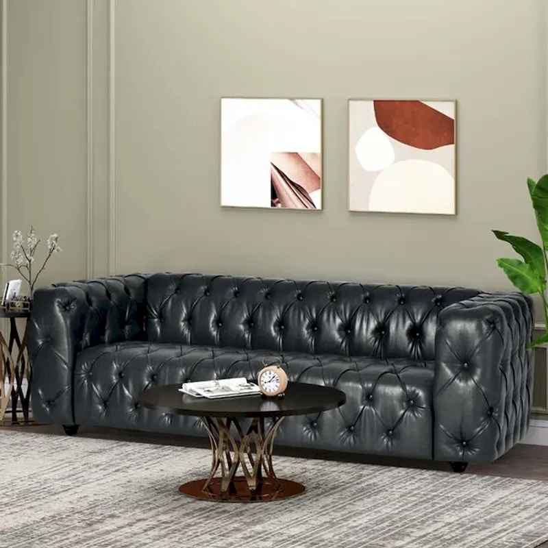Black Button-Tufted Faux Leather Sofa, 1-Seater, Wood Legs