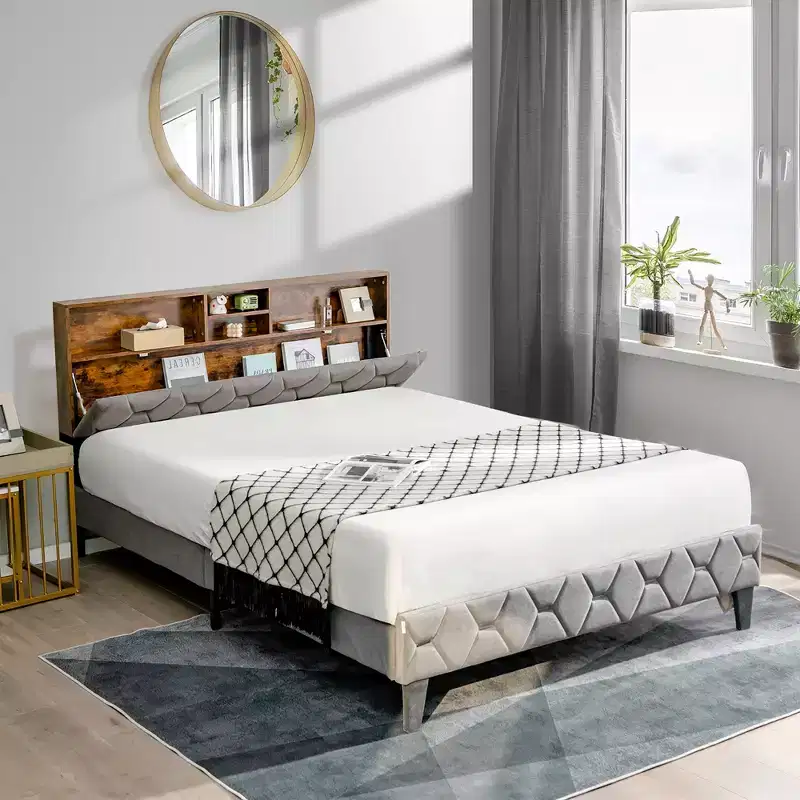 Bed Frame Upholstered Platform Mattress Foundation with Storage Headboard