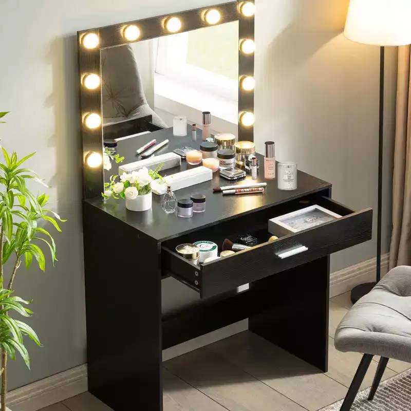 Okak Vanity Table with Spacious Drawers and Lights,Vanity Stool Set with Storage Compartment and 3-Level Adjustable Brightness Lighting,Black