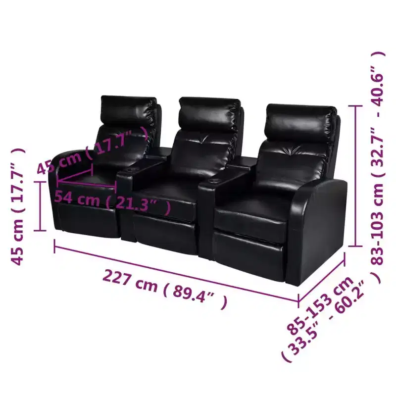 3-Seater Home Theater Recliner Sofa with Built-in Cup Holder - Black