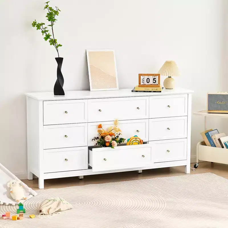 VEVOR 9 Drawer Dresser, Wooden Chest of Drawers with Sliding and Anti-tip Device, Retro Minimalist Dresser Chest, White