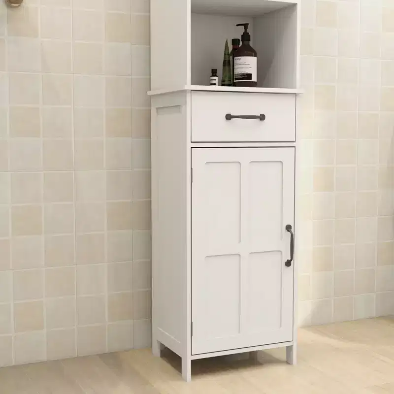 Tall Bathroom Storage Cabinet With Adjustable Shelves And Open Shelves, Slim Floor Standing Cabinet With 1 Door And 1 Drawer, Narrow Cabinet White