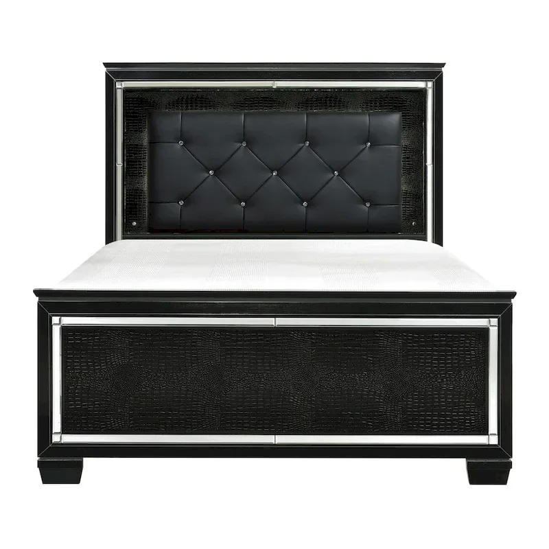 Black LED Faux Leather Tufted Bed with Mirrored Headboard & Crystal Accents
