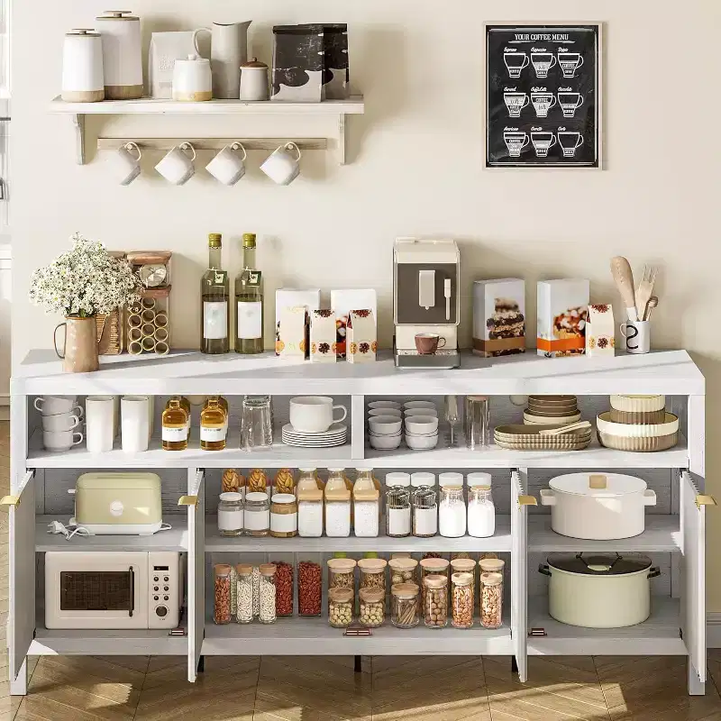 Adjustable 3-layer slotted storage cabinet with doors and handles, designed for kitchens, entrances and dining rooms