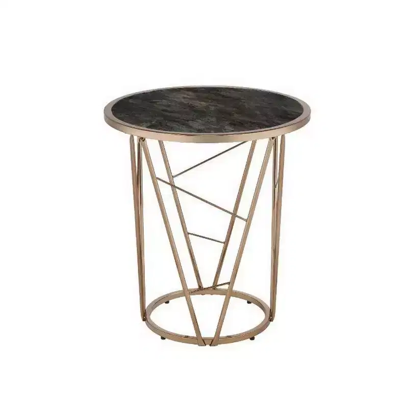 Gold Round Glass End Table with Geometric Metal Frame, Black