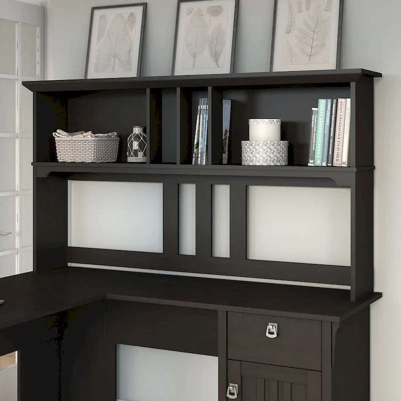 60W Hutch for L-Shaped Desk in Vintage Black, Home Office Storage with Shelves and Cabinets