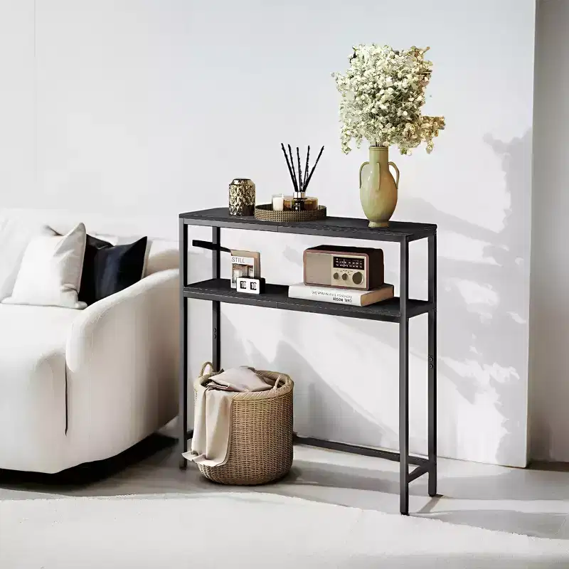 LEDREM Modern 2-Tier Console Table, Narrow Sofa Table with Dual Shelves, Entryway Table, Sturdy Steel Frame, Ink Black