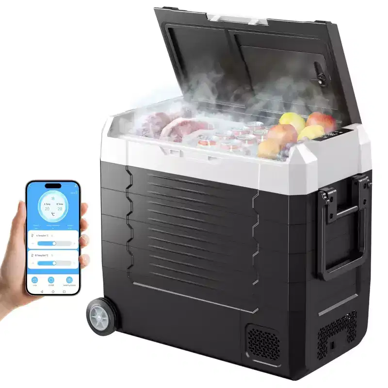 Portable Car Refrigerator, 58 QT Dual-Zone Cooler with App Control, -4F to 68F, 12/24V DC & 110240V AC, Wheels, and Thermostat