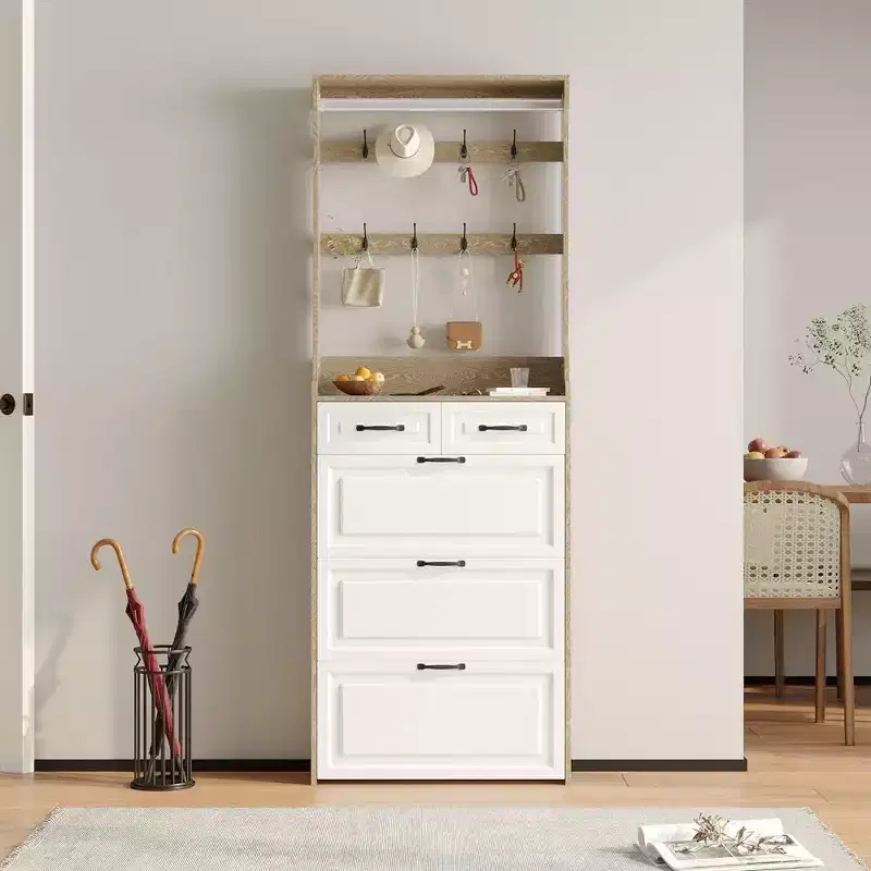 Shoe Storage Cabinet with 3 Doors and 2 Drawers, Entryway Hall Tree Coat Shoe Rack with 8 Hooks, Freestanding Shoe Organizer