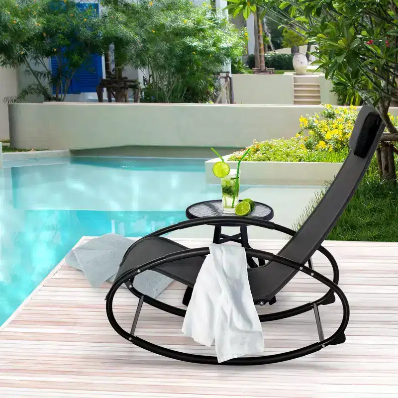 Pool Lounger, Outdoor Rocking Lounge Chair for Sunbathing, Pool, Beach, Porch with Pillow and Cool Mesh, Sun Tanning Rocker