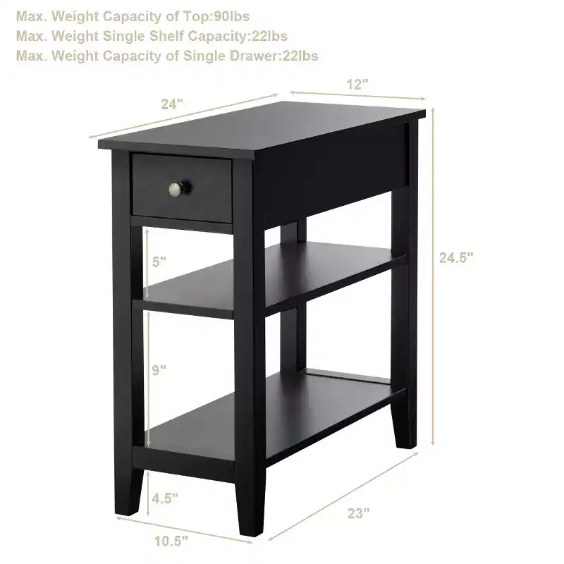 Costway 3 Tier Nightstand Bedside Table Sofa Side End Table w/Double Shelves Drawer Black