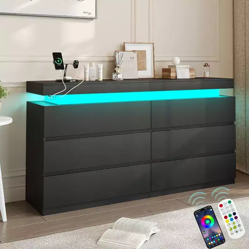 Dyonery Modern 6 Drawers with Sliding Desktop, with Charging Station & LED Lights, Large Storage Tower Clothes Organizer, for Bedroom, White