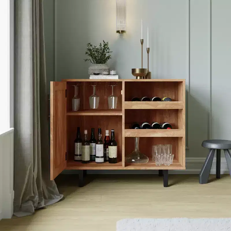 Classic Bar and Sideboard with Shaker Style Single Door Cabinet, Hanging Glass Storage and Open Bottle Shelves