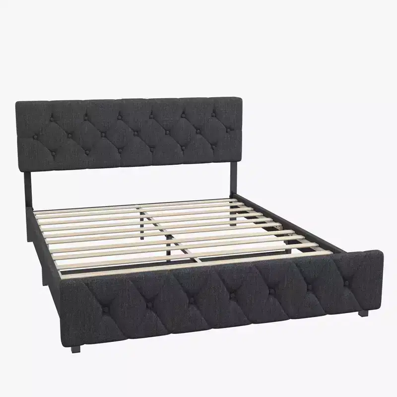 Queen Size Bed Frame Dark Gray Platform Bed with USB Ports & Adjustable Headboard, No Box Spring Needed