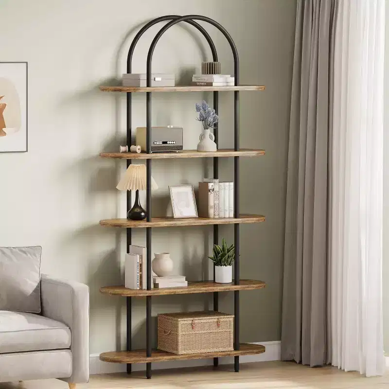 5-Tier Bookshelf, 71 Inch Tall Arched Bookcase, Metal Frame, Freestanding Display Rack, for Bedroom, Living Room