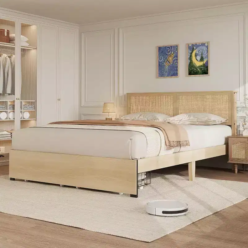 Boho Natural Rattan Bed Frame with Wooden Headboard, 2 Storage Drawers, RGB LED Lights, Sturdy Platform with Slats, No Box Spring Required