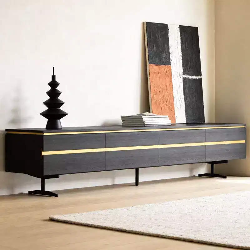 86.61 Modern Black TV Stand for 90 Inch TV Media Console with 2 Drawers Gold Accents Entertainment Center Gaoyangjiaju