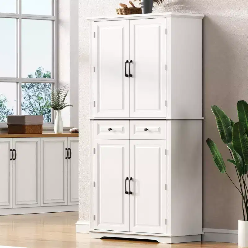 sumyeg 71 Kitchen Pantry Cabinet with 3 Pull-Out Organizers, 2 Drawers, 6 Door Shelves, Embossed Farmhouse Design