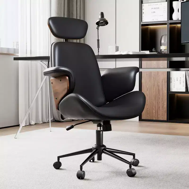 Office Chair with Wheels, PU Leather Swivel Desk Chair, Bentwood Arms, Height Adjustable