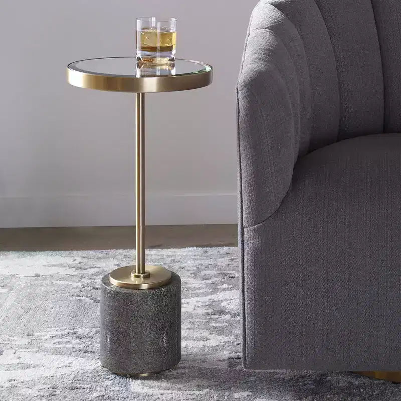 Modern Glam Brushed Brass Round Accent Table, 11 3/4 Wide, Gold Mirror Tabletop for Living Room Bedroom Bedside Entryway